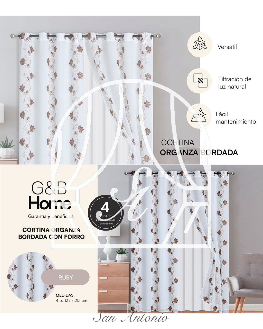 CORTINA ORGANZA BORDADA FORRO G&B