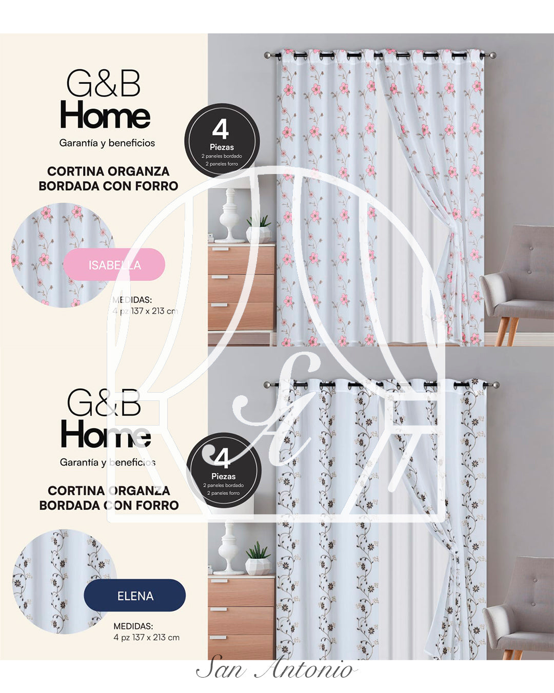 CORTINA ORGANZA BORDADA FORRO G&B